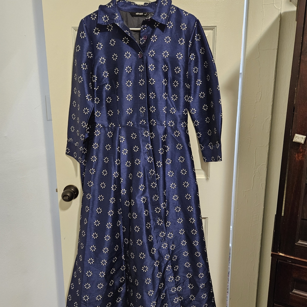 eShakti Dark Blue Floral Long Sleeve Dress Vintage